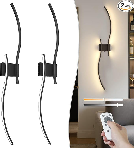NIORSUN 39.4 Inch Battery Operated Wall Sconce Set of 2, Black Modern Rechargeable Wall Lights with Remote, 3CCT Dimmable Wireless Wall Lamp for Living Room Bedroom Hallway