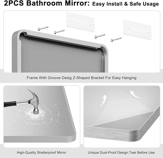 Bathroom Mirrors for Over Sink,2Pcs 24x36Inch Vanity Mirrors for Wall,Silver Metal Frame Rectangle Mirrors for Bathroom, Farmhouse,Restroom,Hangs Horizontally or Vertically