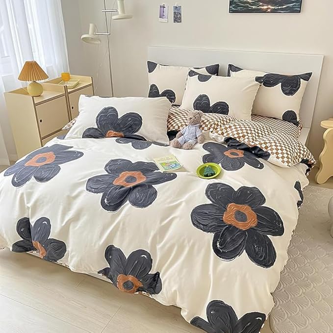 CLOTHKNOW Black Floral Full Size Comforter Sets Sunflower Bedding Comforter Sets Pumpkin Plaid Comforter Beige Black Comforter with 2 x Pillow Cases