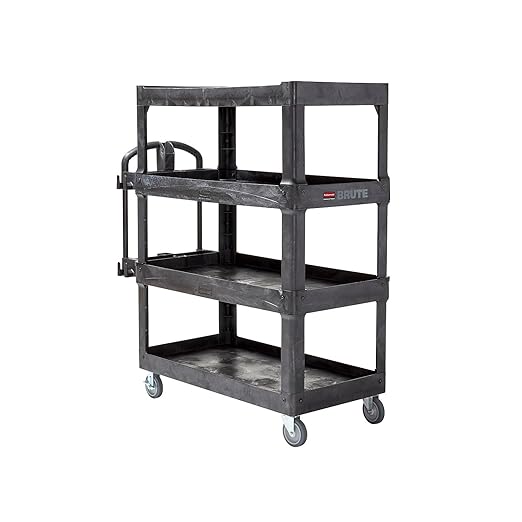 New Rubbermaid Commercial Products 4-Shelf Utility/Service Quad Cart, Heavy Duty Large, Lipped Shelf, Ergonomic Handle, 700 lbs. Capacity, for Warehouse/Garage/Cleaning/Manufacturing (2128657) Black