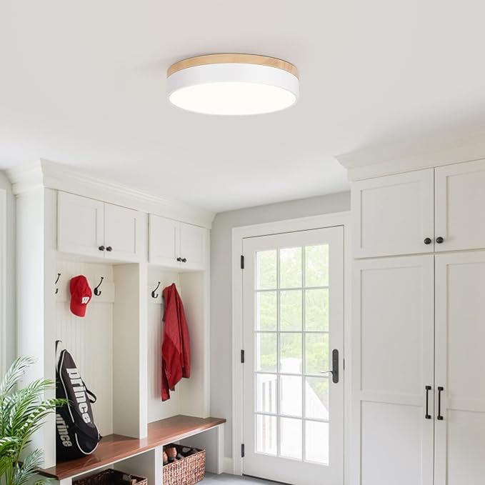 Modern Dimmable LED Close to Ceiling Light Minimalist Wood Oak Flush Mount Ceiling Light Fixture with Lampshade for Bedroom Living Room Bathroom Laundry Room (White-Dimmable, 11.8''/30cm)