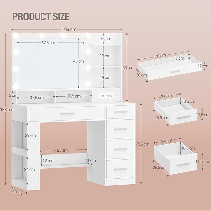 Vanity Desk with Large HD Mirror, Makeup Vanity with Led Lights, Dressing Table with Power Strip, 6 Storage Shelves, 5 Drawers and Side Open Storage, Simple, White