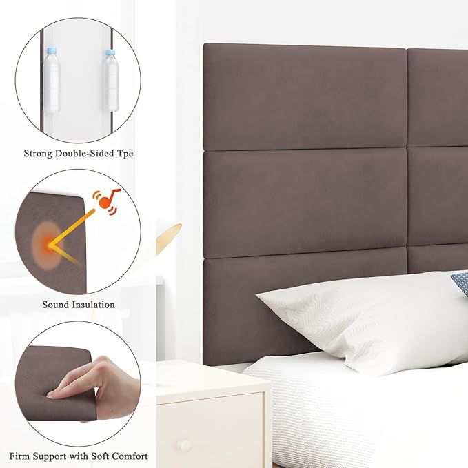 Upholstered Headboard for King Size Bed, Wall Mounted & Peel and Stick Headboard, Soundproof DIY Wall Panels, Leather Head Board in Modern Design for Bedroom (12 Panels, Each 23.62"x9.84"