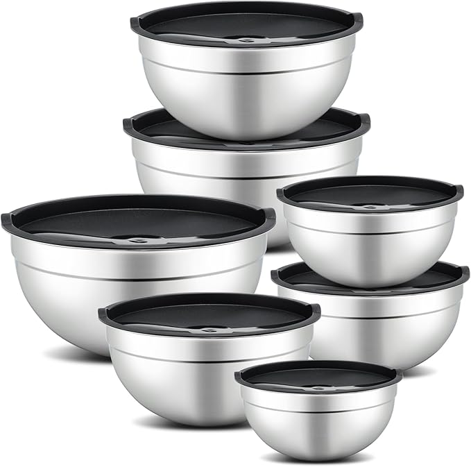 7 Piece Mixing Bowl Set, Mixing Bowls with Lid, Stainless Steel Mixing Bowls for Baking, Size 0.7, 1.1, 1.5, 2.1, 3.5, 4, 4.5QT, Baking Bowl for Food Preparation, Mixing and Serving Foods