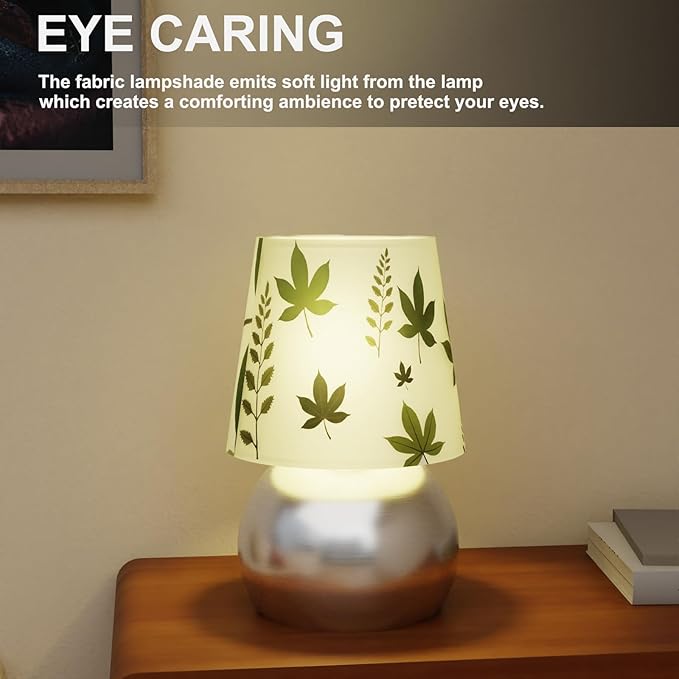 Set of 2 Small Silver Bedside Table Lamp with Maple Leaf Pattern Shade (Bulb Included)