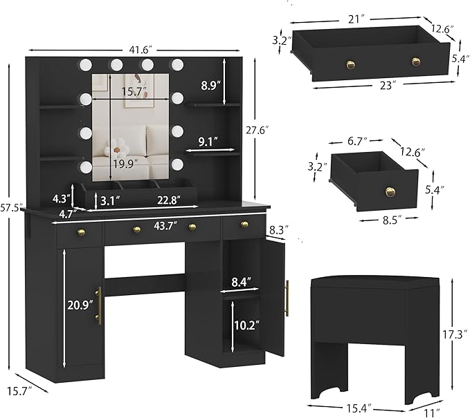 Vanity Desk with Mirror and Lights,Black Makeup Vanity with Charging Station & Stool, 3 Drawers and Cabinets, White Vanity Mirror with RGB LED Lights Makeup Desk and Chair for Women