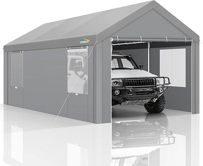 COBIZI Carports 10x20 Heavy Duty Car Canopy Garage with Removable Sidewalls & Doors, Galvanized Frame Portable Carport Canopy with Built-in Sandbags & All-Season Tarp for Car Boat Truck, Gray