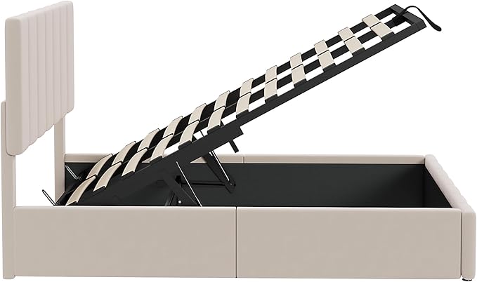 Full Size Bed Frame with Headboard, Elegant Linen Upholstered Platform Bed with a Hydraulic Storage System, Linen Fabric Backrest and Pine Wood Slats, No Box Spring Needed, Beige