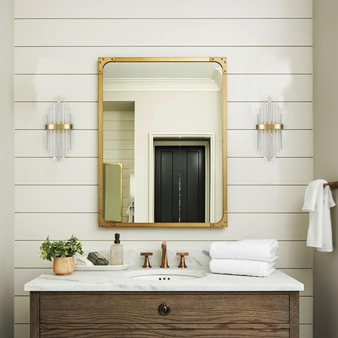 HOLKIRT Modern Gold Wall Sconces Set of Two Crystal Wall Sconce 2-Light Wall Light Fixtures for Living Room Bedside Hallway Stairway Kitchen with Frosted Glass,E12 Base