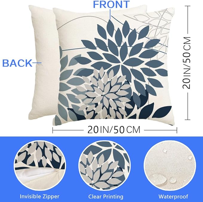 RABUSOFA Outdoor Pillow Covers 20x20 Inch Set of 2 Gray Blue Flower Decorative Waterproof Floral Outdoor Cushion Covers for Patio Funiture Garden Couch Decor