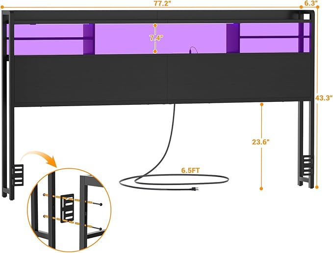 Aheaplus Headboard for King Size Bed with Storage, Headboards with LED Light, Power Outlets, USB Ports King Size Head Board, Wood headboard Only Sturdy and Stable Headboards, Modern, Black