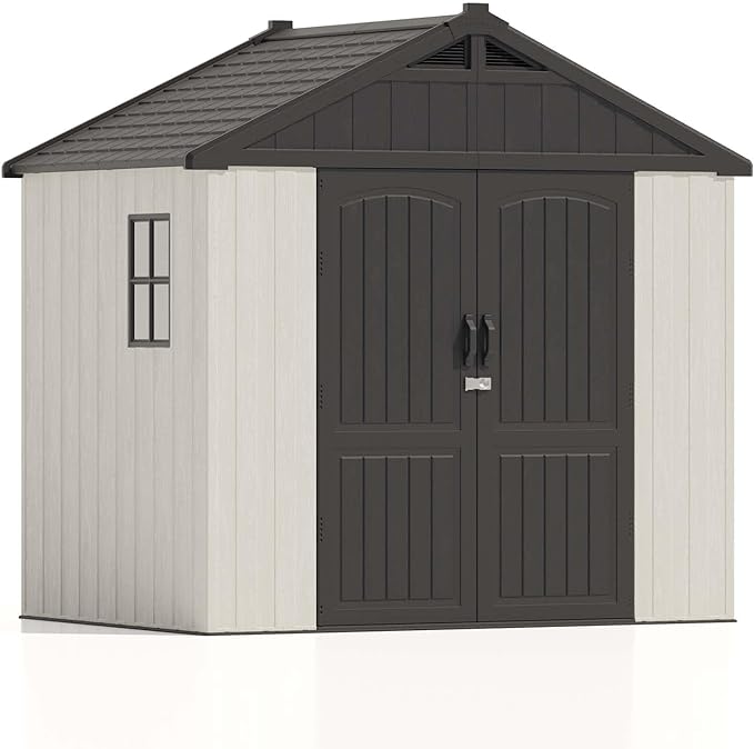 Patiowell 8 x 6 FT Plastic Outdoor Storage Shed with Floor, Resin Shed with Window and Lockable Door for Garden, Backyard, Tool Storage Use, Easy to Install in Beige (Kick-it Shed)