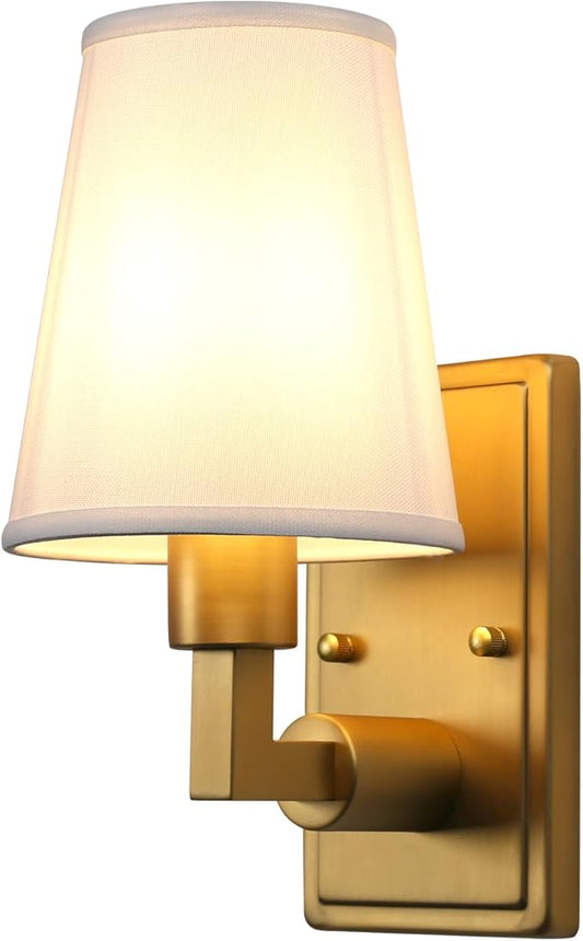 Wall Sconce 1-Light Fixture Antique Finish with White Fabric Shade, E26 Hardwired Indoor Wall Light for Vanity Bathroom Living Room Bedside Nightstand Light