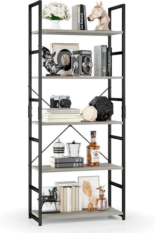 OTK 5 Tier Bookshelf, Tall Bookcase, Office Shelf Storage Organizer, Modern Book Shelf for Living Room, Bedroom, and Home Office, Grey