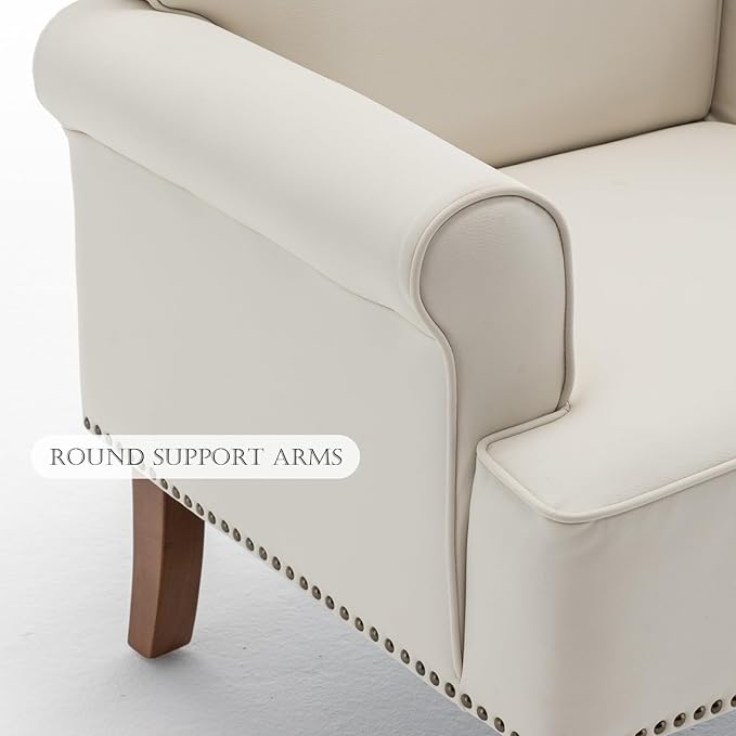 Accent Chair, Faux Leather Living Room Chairs with Nailhead Trim, Mid-Century Lounge Armchair with Solid Wood Legs, Comfy Reading Single Sofa for Bedroom, Waiting Room (White, 2 Chairs)