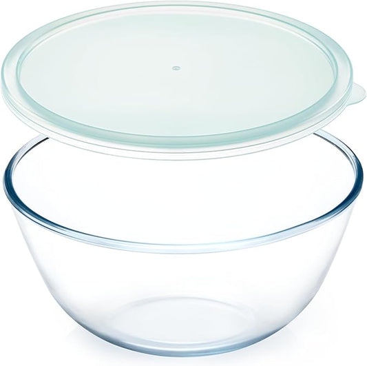 NUTRIUPS 4.7 Quart Large Glass Mixing Bowl with Lid, Deep Big Glass Bowl Large Salad Bowl (Transparent Horizon Green)