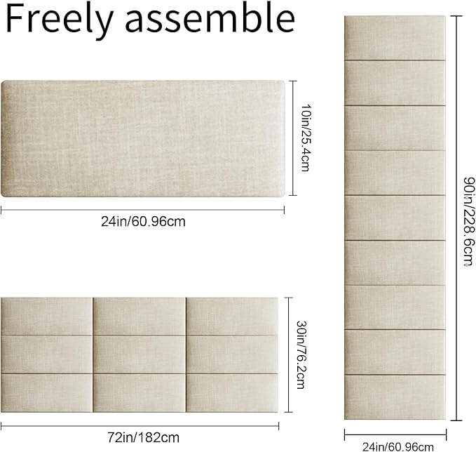 Wall Mounted Peel and Stick Upholstered Headboard, 3D Soundproof Padded Wall Panels for King Size, Soft Tufted Bed Head Board, Reusable Bed Headboard in Beige (12 Panels, 10" x 24")