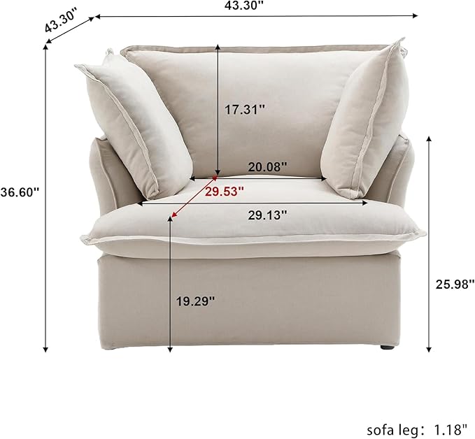 JACH Comfy Couch Chair with Thick Cushion, Single Accent Chair Deep Seat Sofas Couches, Hemp Velvet Sofa Furniture for Small Spaces, Living Room, Bedroom, Office, Apartment, Beige