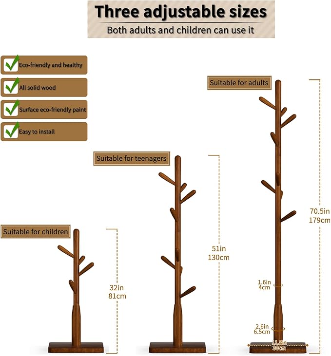 Solid Wood Square Base Coat Rack, Free Standing Hall Coat Tree with 8 Hooks（+2 spare for Coats, Hats, Bags, Purses, for Entryway, Hallway, Rubberwood Hooks,Base and Pole,(Square Base,Brown)