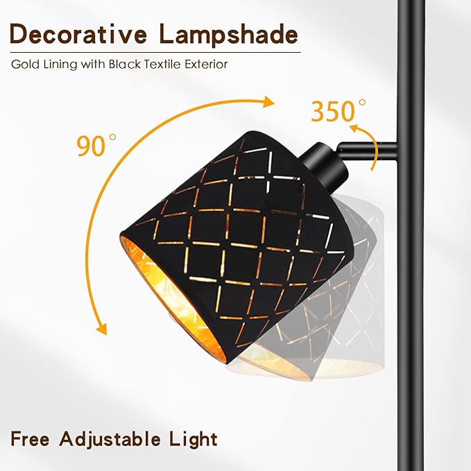 Industrial Floor Lamps for Living Room, Tree Standing Lamp for Bedroom with Adjustable 3-Light, 4W E12 LED Bulb, Modern Stand Up Lamps, Metal Tall Rustic Pole Lamp, Vintage Farmhouse Floor Lamp