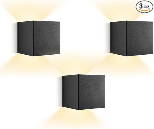 HEQIQEH Modern Style Battery Operated Wall Sconces, LED Cube Indoor Up and Down Wall Lamp with Remote Control, Dimmable Cordless Wall Lighting Fixtures for Living Room,Bedside (Black - 3 Pack)