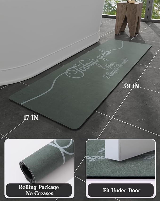 MontVoo -Bath Mat Rug- Non Slip Quick Dry Absorbent Thin Bathroom Rugs Fit Under Door-Faux Suede Surface Bathroom Floor Mats-Shower Rug for in Front of Bathtub Shower 17 X59 Green Text Pattern