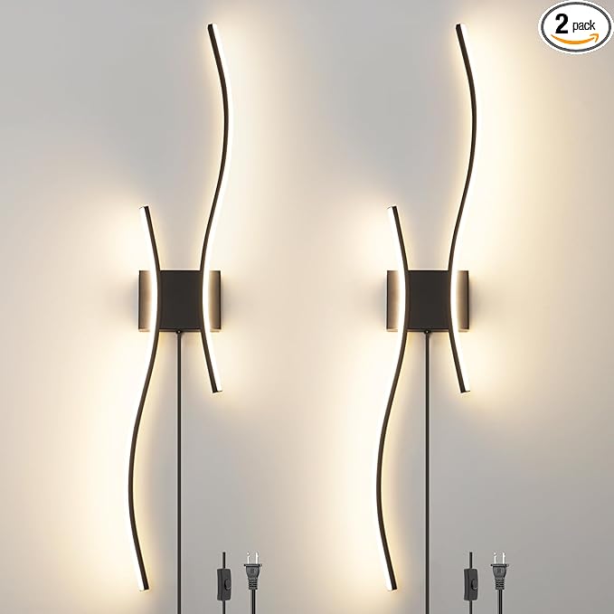 Modern Black Plug in Wall Sconces Set of 2 - Smart Dimmable LED Wall Lights with Remote, 3CCT Adjustable & Memory Function, Timer Setting - No Wiring Needed for Living Room, Bedroom, Hallway