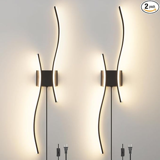 Modern Black Plug in Wall Sconces Set of 2 - Smart Dimmable LED Wall Lights with Remote, 3CCT Adjustable & Memory Function, Timer Setting - No Wiring Needed for Living Room, Bedroom, Hallway