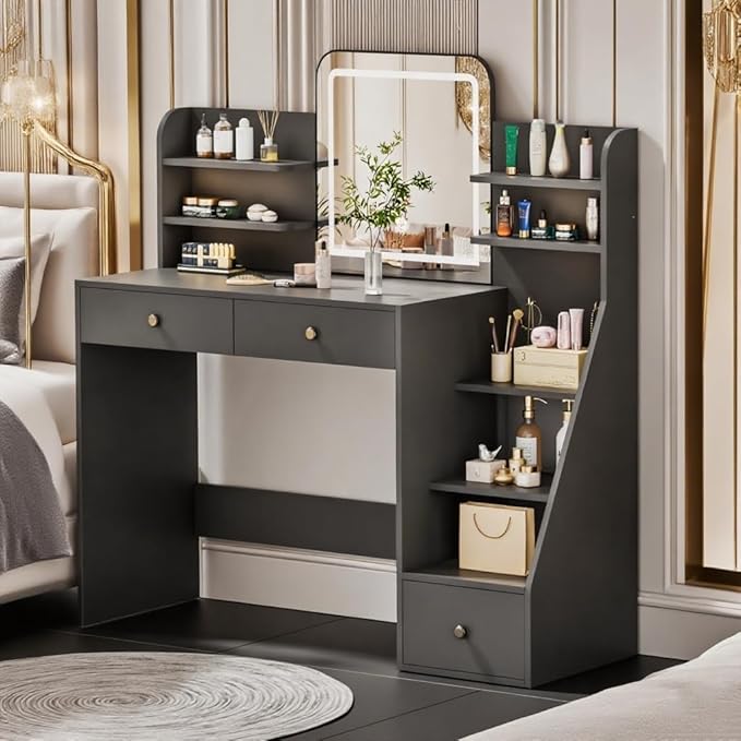 Black Makeup Vanity Desk with Square LED Mirror & 6 Open Shelves - 3-Color Adjustable Lighting, 3 Drawers + Right-Side Sloped Design, Dressing Table for Bedroom, Women, Teens