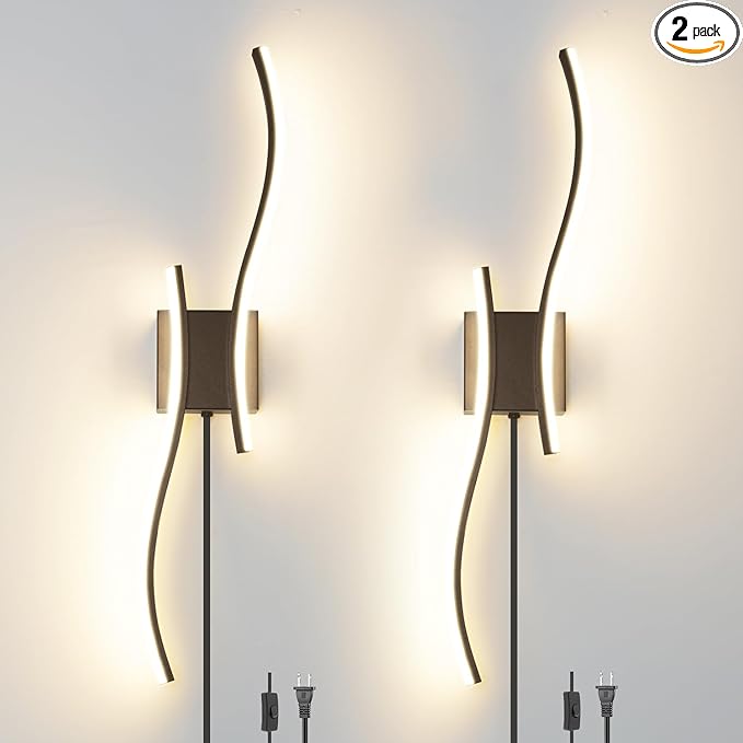 Modern Plug in Wall Sconce Set of 2, Black Dimmable LED Wall Light with Remote Control, 3CCT Adjustable & Memory Function, Timer, Plug in Cord Wall Lamp for TV Wall Living Room Hallway Bedroom