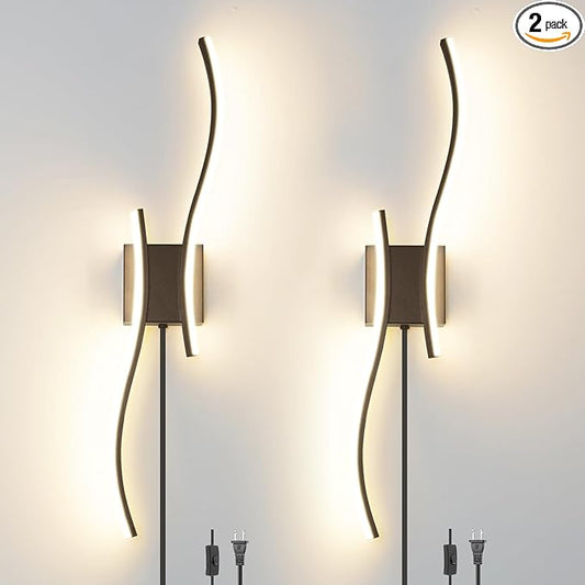 Modern Plug in Wall Sconce Set of 2, Black Dimmable LED Wall Light with Remote Control, 3CCT Adjustable & Memory Function, Timer, Plug in Cord Wall Lamp for TV Wall Living Room Hallway Bedroom