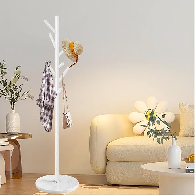 Coat Rack Stand with Natural Marble Base, Metal Coat Rack Freestanding, Modern Coat Racks, Heavy Duty Standing Coat Tree Hanger for Jacket, Bag, Entryway, Office