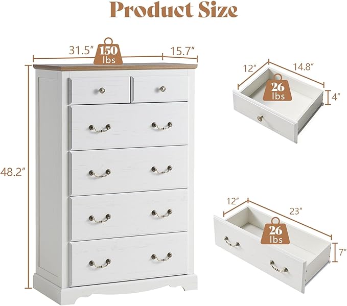 AMERLIFE Farmhouse 6 Drawers Dresser for Bedroom, Wood Antique Chest of Drawers with Metal Handle, Tall Dresser Organizer for Hallway, Entryway, White+Barnwood