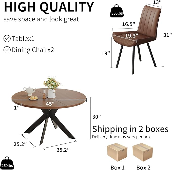 45.3" Walnut Round Dining Table Set with 2 Chairs – Mid-Century Modern Small-Space Kitchen & Dining Room Furniture for Apartment or Breakfast Nook (Boxwood – Table + 2 Brown Chairs)