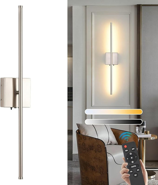 Wireless Battery Operated Wall Sconces, 11000mAh Rechargeable Brushed Nickel Wall Light with Remote Control, 350°Rotate Dimmable Wall Lamp, 3 Color Temperatures, for Bedroom Living Room Hallway, 1 PCS