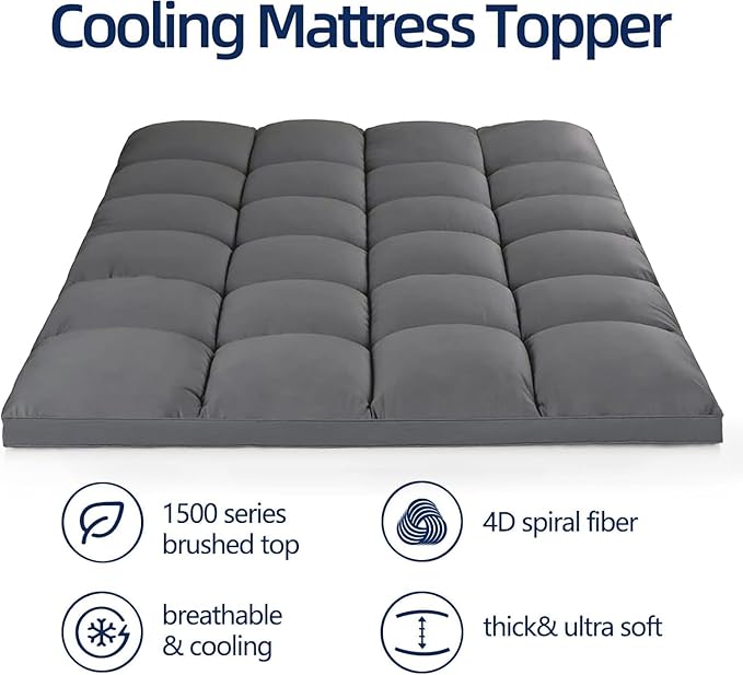 Mattress Topper King for Back Pain, Extra Thick Mattress Pad Cover, Plush Pillow Top, Deep Elastic Pocket, Grey