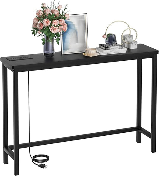 VASMIA Console Table with Power Outlet and USB Ports, Entryway Table, Narrow Sofa Table, 39" Bamboo Skinny Hallway Table for Entryway, Living Room, Bedroom, Foyer, Black