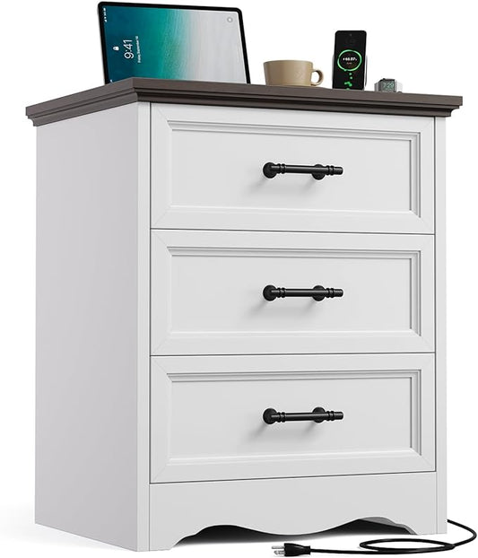 White Nightstand with Charging Station, 19.7" Farmhouse End Table with 3 Drawers Storage, Bedside Table with Brushed Metal Handles, Unique Base Design, 3 Drawer Dresser for Bedroom, Living Room