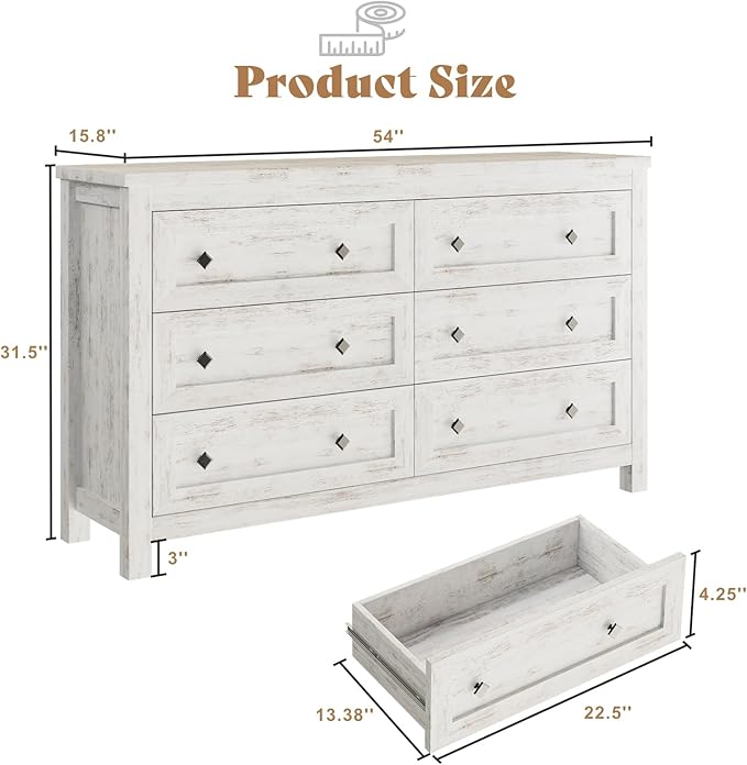 AMERLIFE 6 Drawer Dresser for Bedroom, 54" Wide Dresser TV Stand with Large Drawers, Farmhouse Wood Chest of Drawers with Vintage Grain Texture, Distressed White
