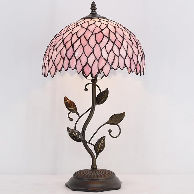 Tiffany Table Lamp, Stained Glass Desk Light, W12H19 Inch, Metal Leaf Base (Pink Wisteria)