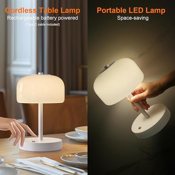 PORTRES Cordless Table Lamp Rechargeable Battery Operated Mushroom lamp Opal Glass Shade 3 Way Dimmable LED Touch Outdoor Lamp for Camping Bedroom Dining Living Room Beside Patio Restaurant,White