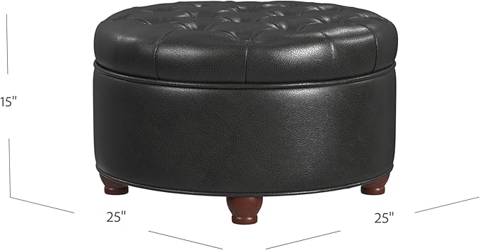 HomePop Home Decor | Button Tufted Faux Leather Round Storage Ottoman | Ottoman with Storage for Living Room & Bedroom (Black Faux Leather)
