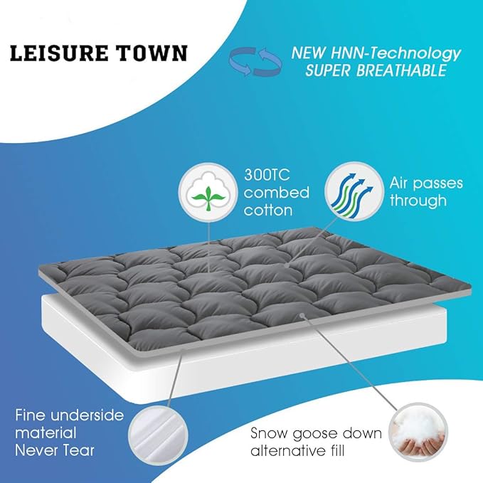 LEISURE TOWN Full Mattress Pad Fitted Quilted Cotton Mattress Cover Cooling Soft Pillow Top Mattress Topper with Down Alternative Filling Mattress Protector with 8-21 Deep Pocket (54x75 Inches Grey)