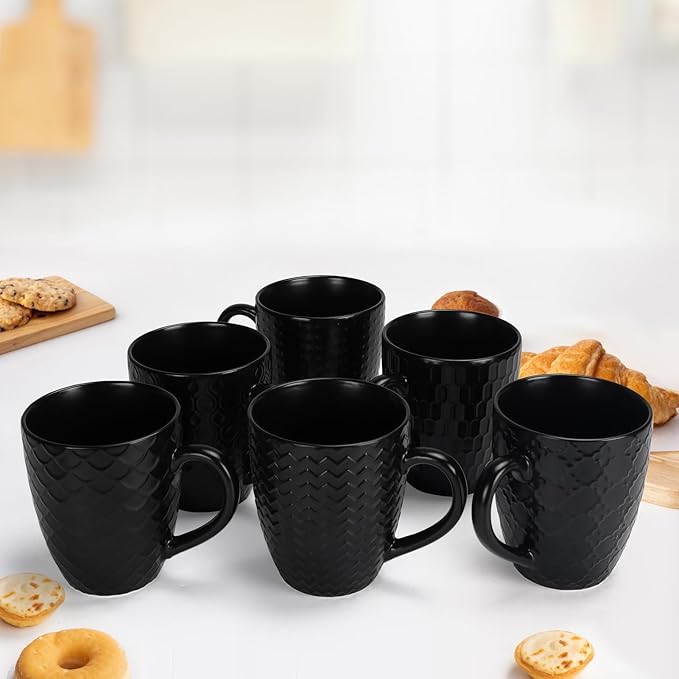 Schliersee 16 OZ Black Coffee Mugs Set of 6, Geometric Pattern Porcelain Coffee Cups for Latte, Hot Tea, Cappuccino, Mocha, Cocoa, Espresso cups, 500ML