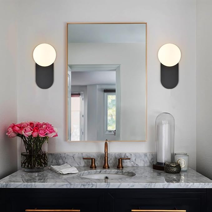 HOLKIRT Black Wall Light Fixture Mid Century Globe Wall Sconce with White Opal Glass for Living Room Bedroom Bathroom Entryway