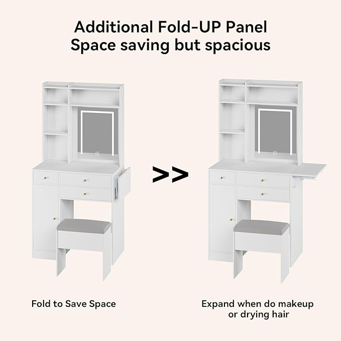 ARTETHYS Vanity Desk with Mirror and Lights White Makeup Vanities Set with Storage Chair Dressing Table with Drawer and Fold-up Panel for Bedroom