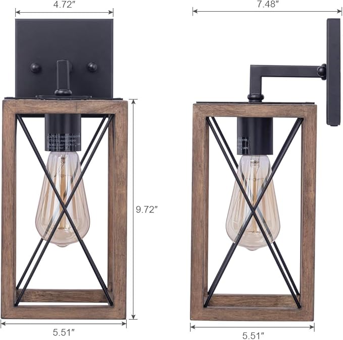 VILUXY Wood Wall Sconces Retro Industrial Rectangle Bedside Wall Sconce Plug-in Cord with Switch Lighting Fixture Black Wall Lamp for Bedroom, Hallway, Entryway, Passway, Dining Room 2 Pack