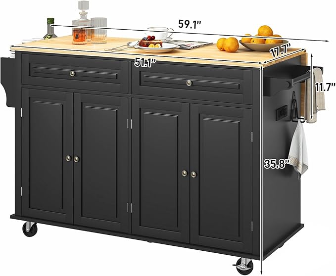 59" Kitchen Cart with Wood Top and Drop Leaf Breakfast Bar, Rolling Mobile Kitchen Island Table on Wheels with Drawer and Storage Cabinet, Spice Rack, Towel Rack, Black
