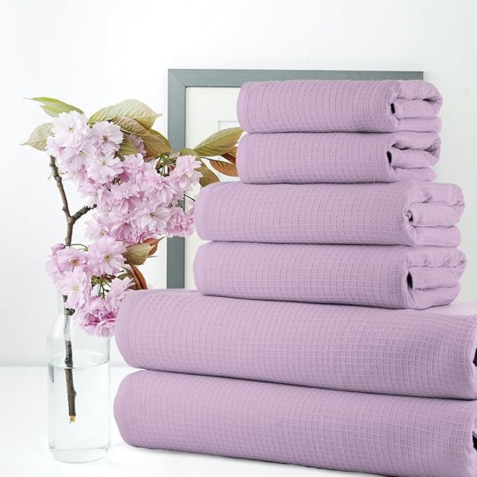 CASA COPENHAGEN Waffle Towel, 6Pieces 100% Cotton Large Towel Set- Purple Rose, 2Bath 2Hand 2Washcloths Instant Absorb and Dry, Soft Strong Towels for Hotel Spa Kitchen Bathroom & Shower