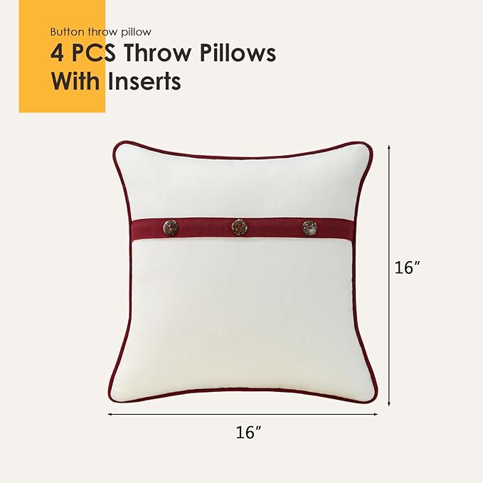 Outdoor Sunbrella Decorative Pillows with Triple Coconut Buttons Pack of 4, 16" x 16" Outdoor Pillow Set for Couch Bed Throw Patio Sofa, Spectrum Eggshell/Spectrum Ruby